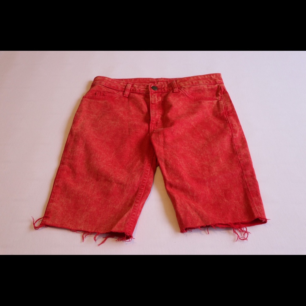Slim Slack cutoffs in acid wash red